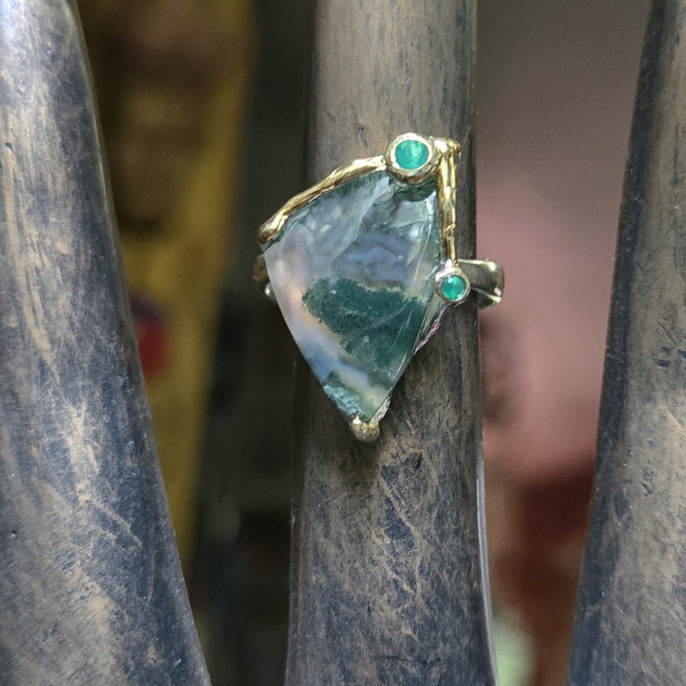 Moss Agate & Green Onyx Natural Gemstone Sterling & Gold Ring Sz7.5 - Picture 3 of 11